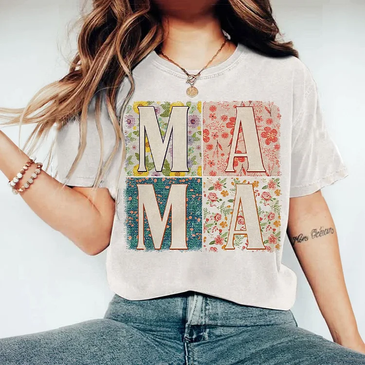 Comstylish Stylish Floral Mama Letter Print Crew Neck Cozy T-Shirt