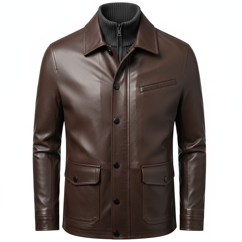 thesupersurf Brown Leather Jacket with Knitted Collar