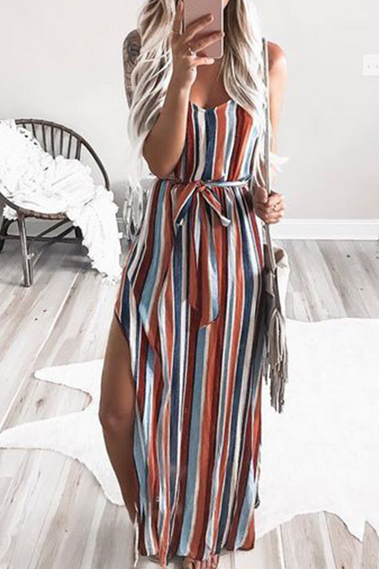 Elegant Striped High Opening With Belt V Neck A Line Dresses - Life is Beautiful for You - SheChoic