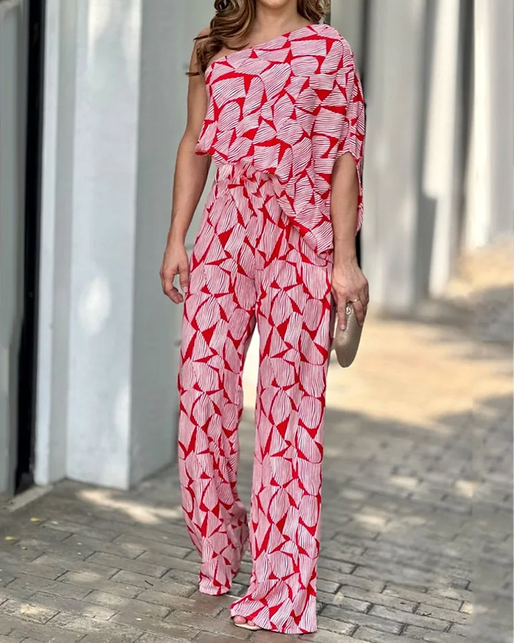 Casual One-sleeve Printed Top & Pants Two-piece Set