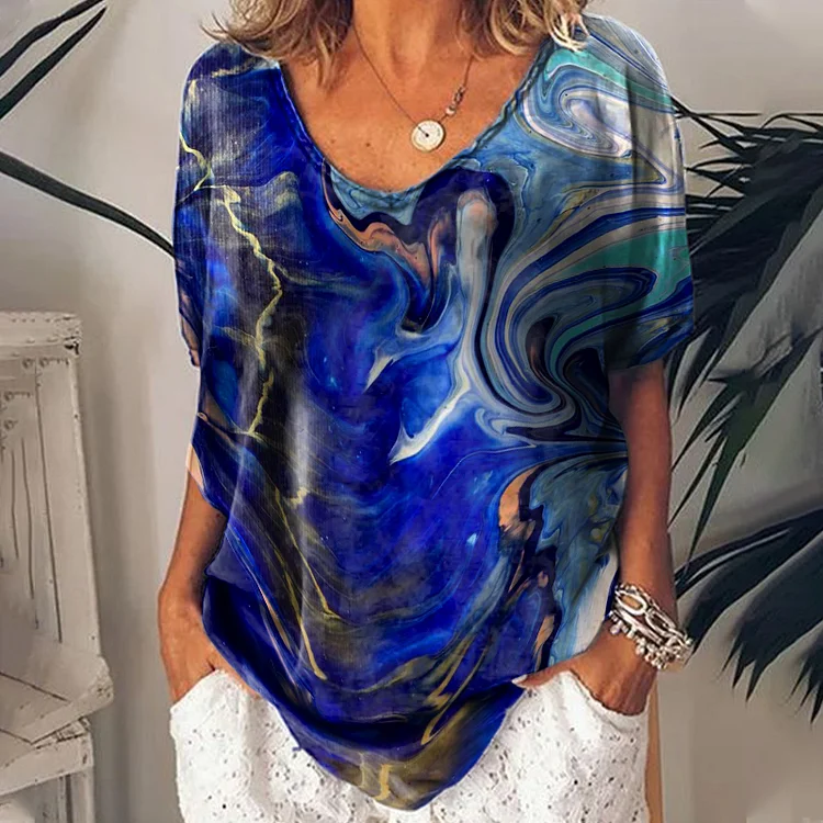 Vefave Casual Contrast Abstract Print Short Sleeve T-Shirt