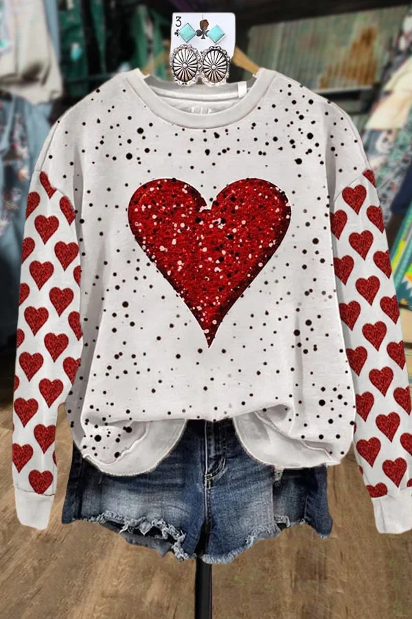 Mixed Heart Print Crew Neck Sweatshirt