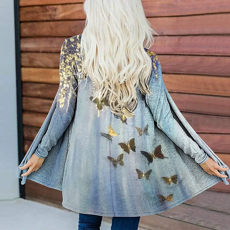 Vefave Butterfly Print Casual Cardigan
