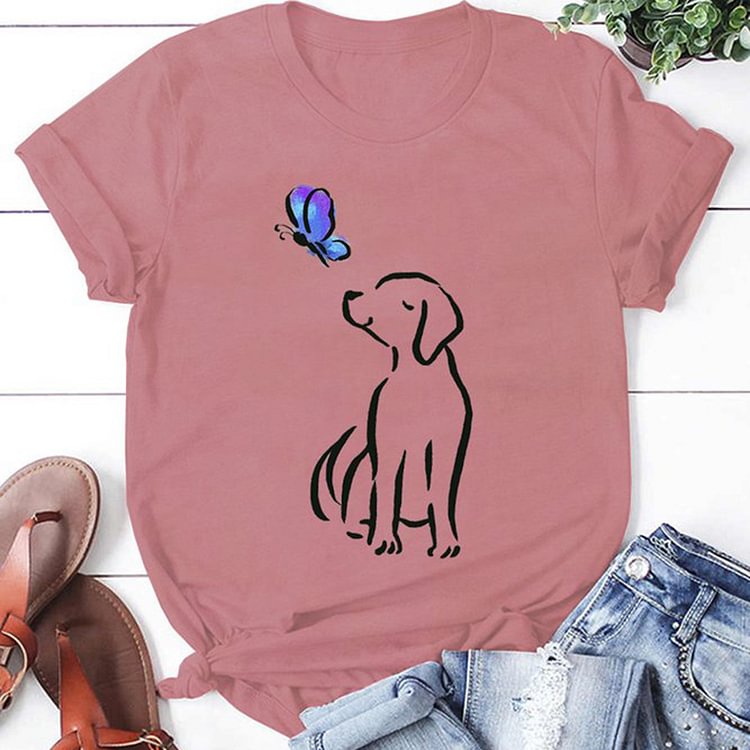 Vefave Dog Print Crew Neck Short Sleeve Casual T-Shirt