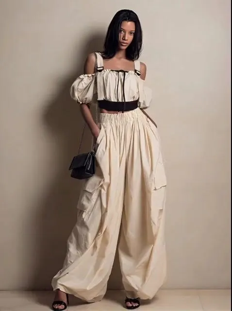 Women's Cream Cotton Off-Shoulder Crop Top With Puff Sleeves & Contrast Black Trim, Timeless Utility-Romantic Blouse MD