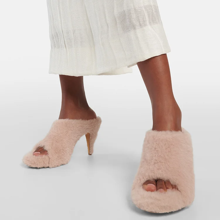 Nude Peep Toe Furry Shoes Women's Cone Heel Winter Mules Shoes |FSJ Shoes