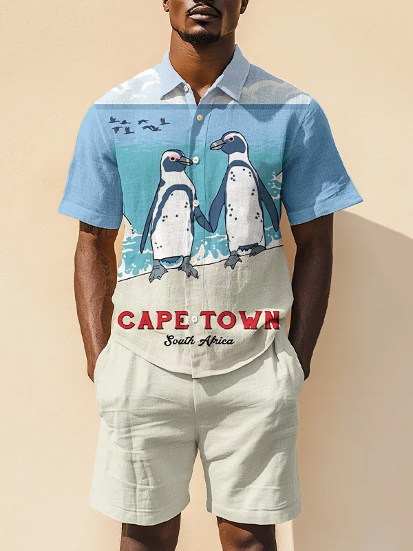 Men's Cape Town South Africa Penguins Print Short Sleeve Shirt Set