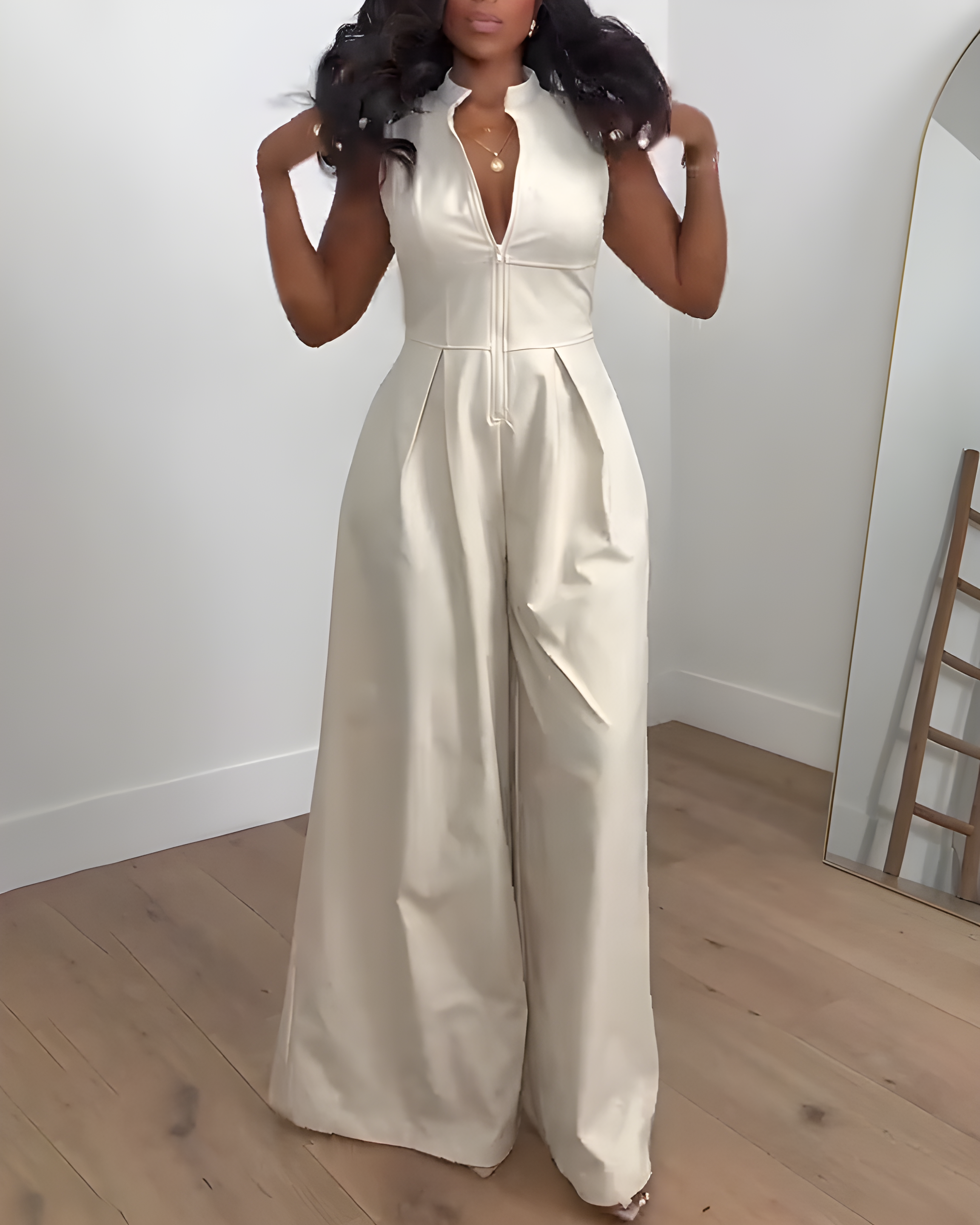 Casual Sleeveless Zippered Wide-Leg Jumpsuit