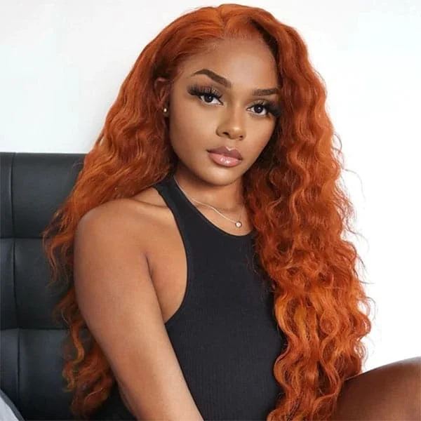 Ginger Wig Water Wave Wig Orange Hair Wig Transparent Lace Closure Wig