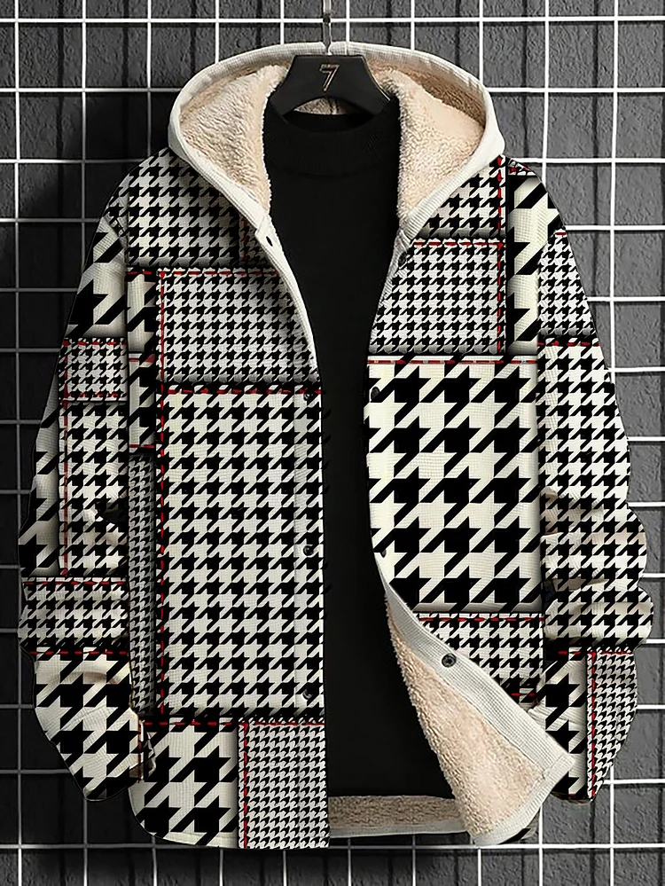 Men's Houndstooth Pattern Print Long Sleeve Hooded Jacket
