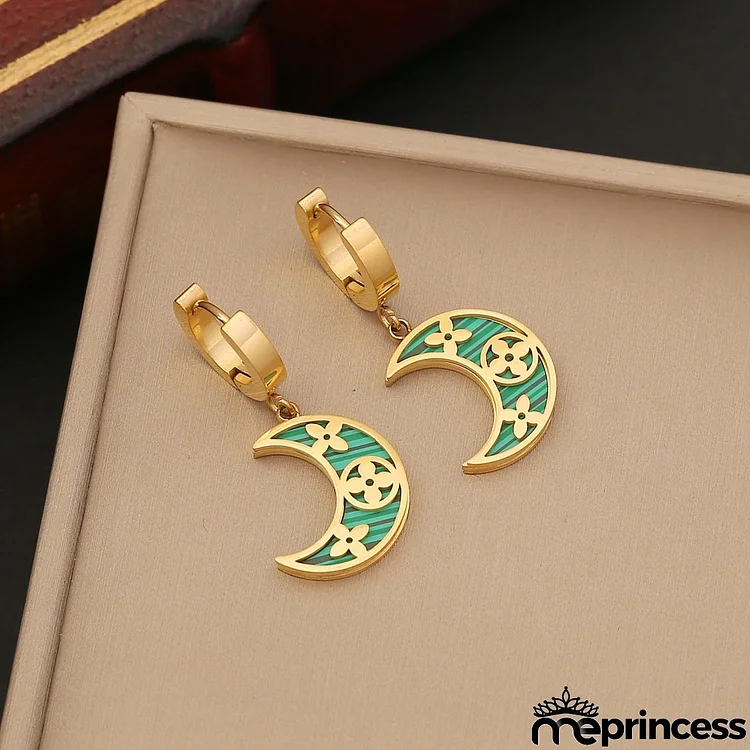 Women's Fashion Green Heart Moon Floral Stainless Steel Earrings