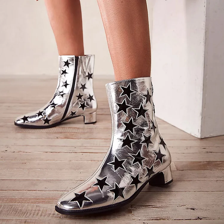 Silver Stars Design Shoes Women's Square Toe Block Heel Ankle Boots |FSJ Shoes