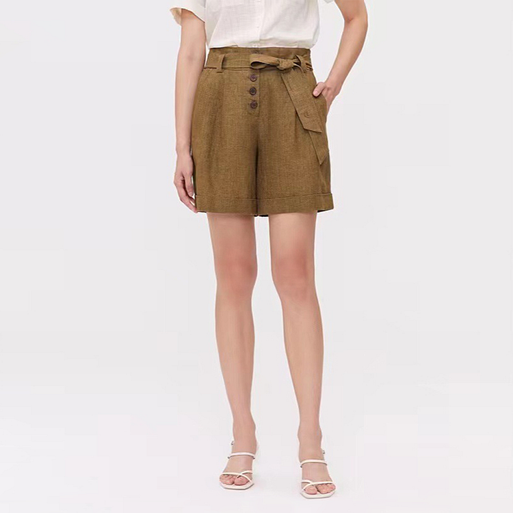 Brown Linen Shorts With Belt-ChouChouHome