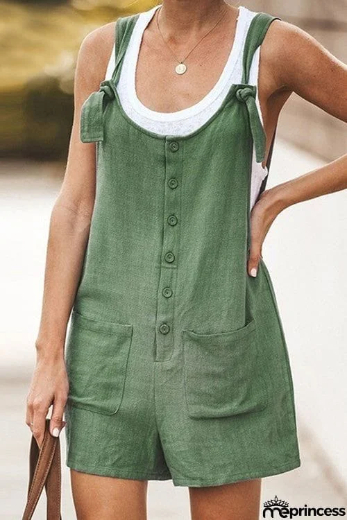 Fashion Casual Solid Sleeveless Lace Up Pockets Romper