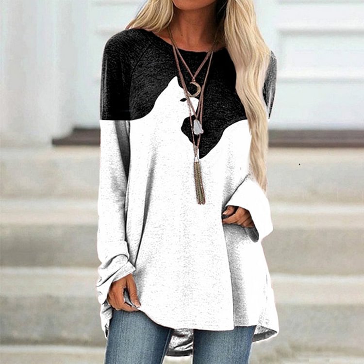 VChics Contrast Cat Print Crew Neck Long Sleeve Tunic