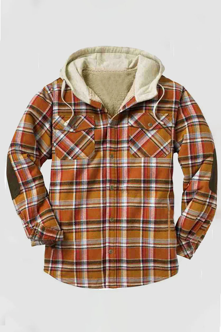 Orange Casual Plaid Print Split Joint Buckle Hooded Collar Outerwear