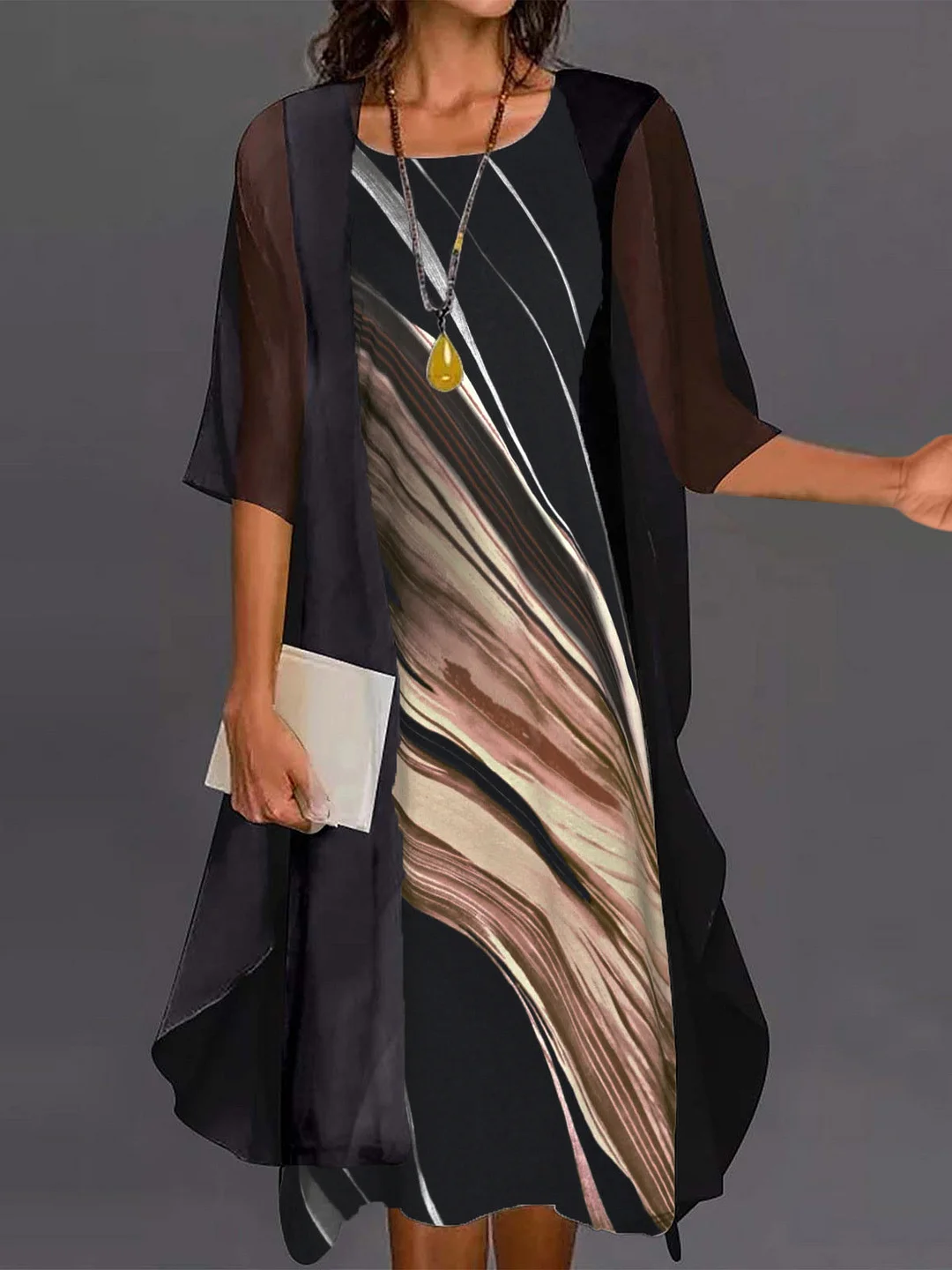 Women's Half Sleeve Scoop Neck Graphic Printed Two-piece Midi Dress