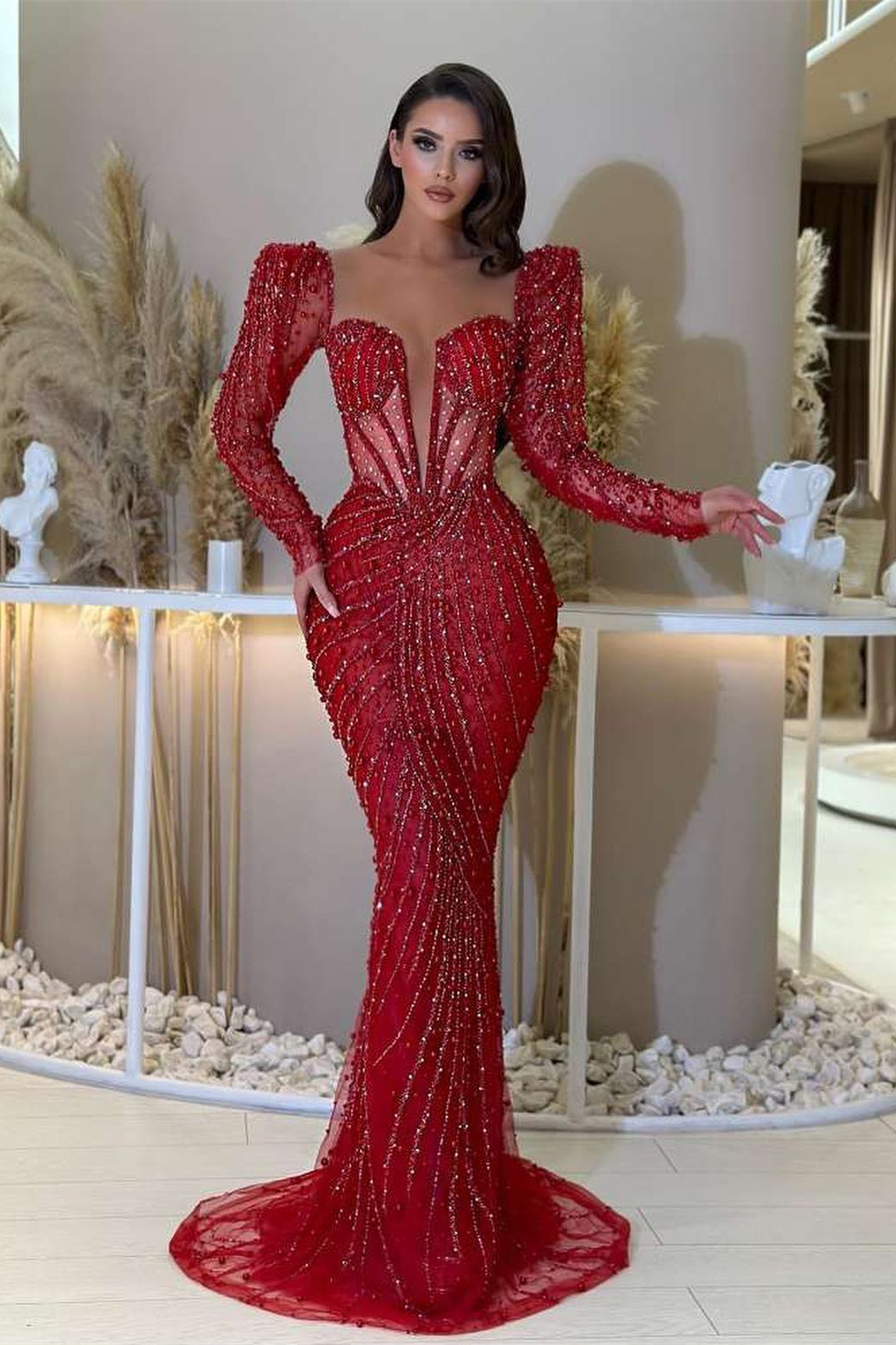 Dresseswow Red Deep V-Neck Long Sleeves Mermaid Prom Dress With Beaded Sequins