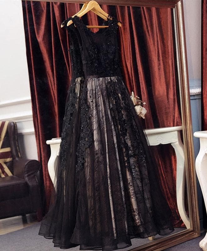 Black Lace Tulle Long A Line Prom Dress, Black Evening Dress