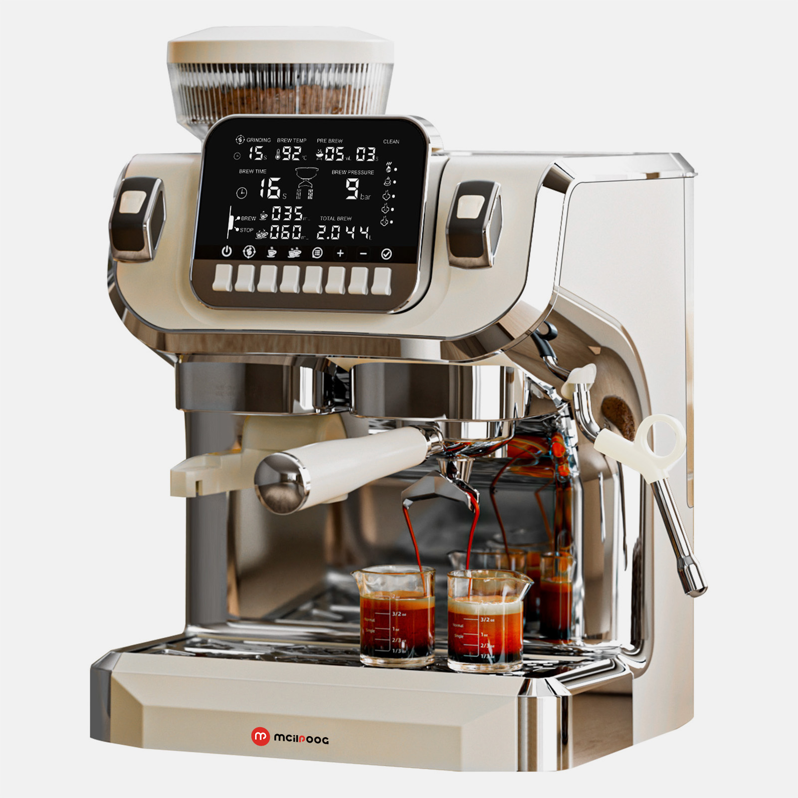 Mcilpoog TC530 Espresso Machine with Grinder，Semi Automatic Coffee Machine  with Milk Frother,Easy To Use Espresso Coffee Maker with 6 inch Large  Screen,15 Bar Pressure Pump,PID Temperature Control