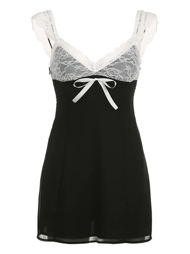 ABEBEY-Black Lace Patchwork Bow Mini Dress