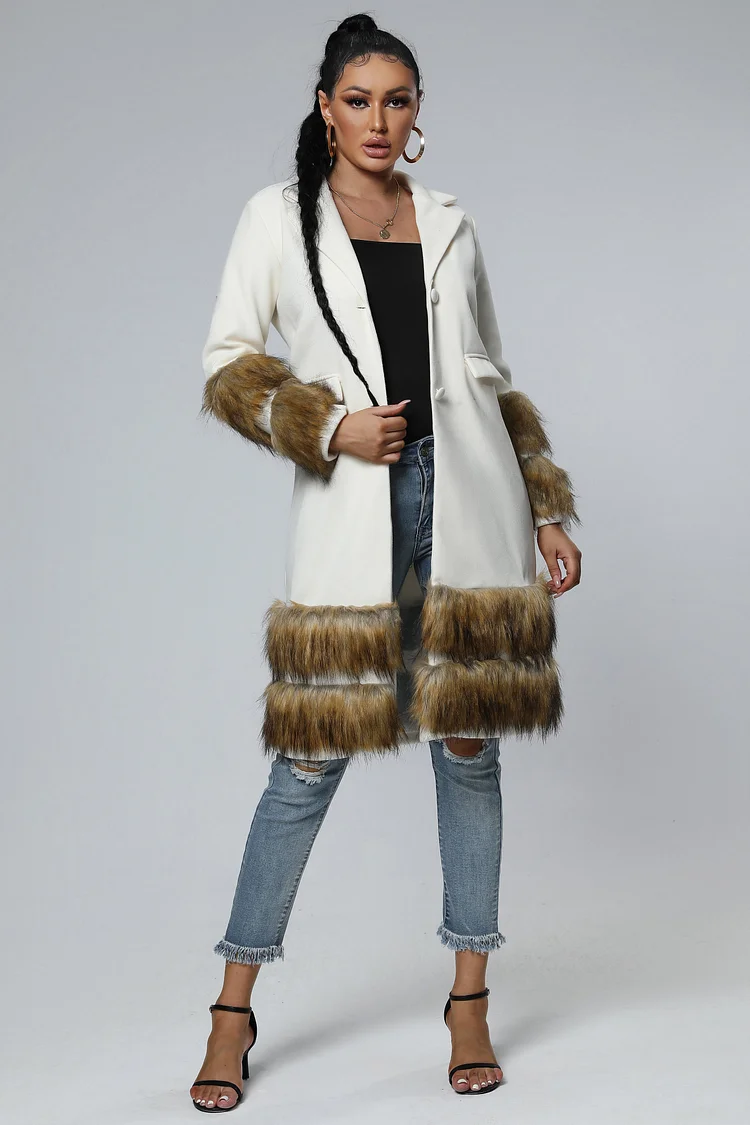 Women Wool Trench Coat Faux Fur Outerwear