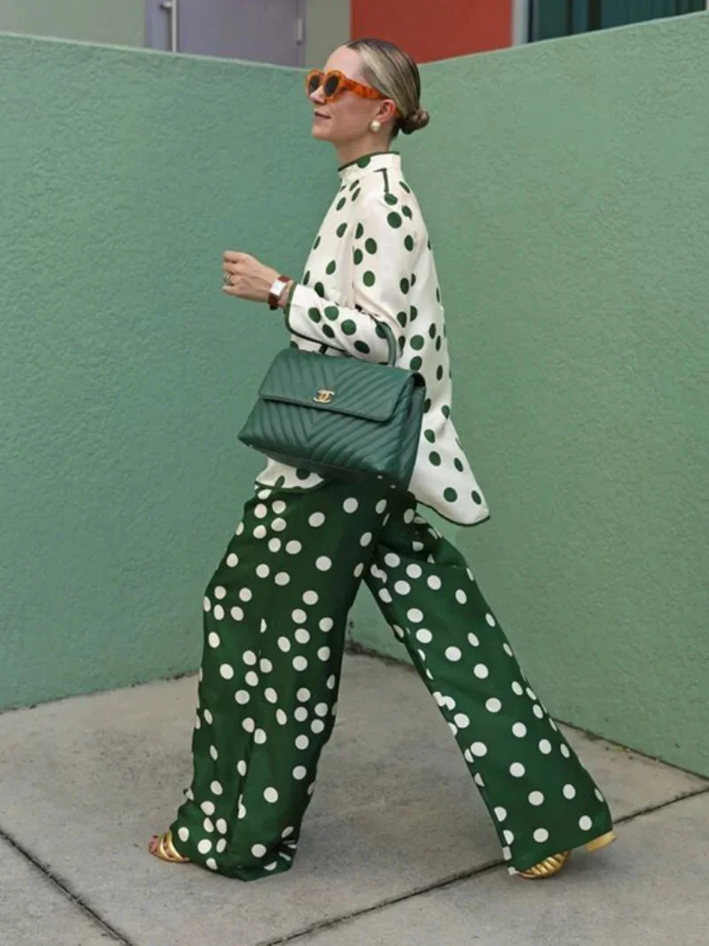 Tlbang 2023 New Arrivals Korean Fashion Polka-Dot Elasticity Waist Wide Leg Pants Summer Small Fresh Green Trousers For Women