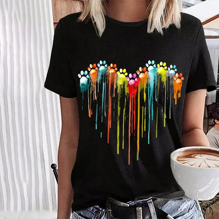 Comstylish Colorful Dog Paw Heart Print Crew Neck T-Shirt