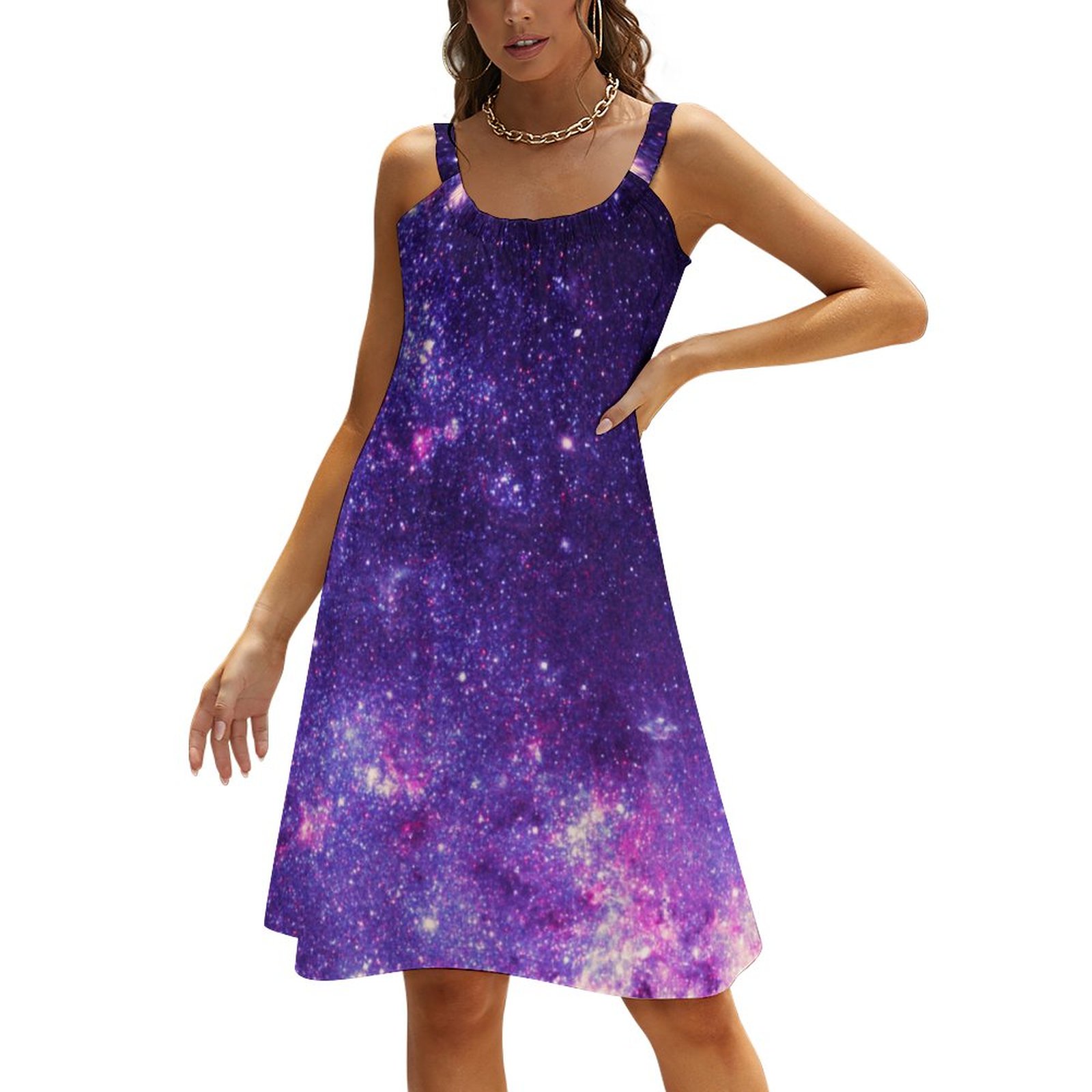 Girly Purple Pink White Galaxy Nebula Space Summer Hawaiian Beach Retro Dresses Casual Sling Sleeveless Printed Knee Length Dress White & Pink-S