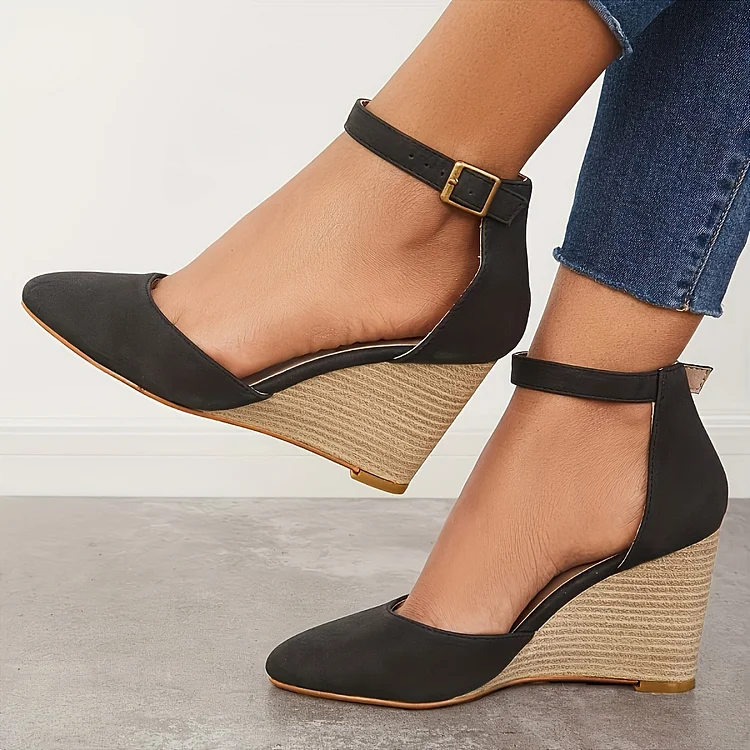 Women's Solid Color Wedge Heels, Ankle Strap Pointed Toe D'Orsay Sandals, Casual Stacked Heels