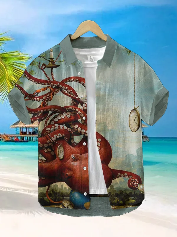 Men's Funny Octopus Clock Art Print Short Sleeve Shirt