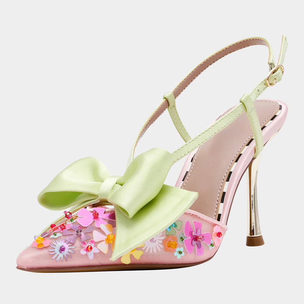 Light Pink and Light Green Pointed Toe Flower Slingback Bow Heels