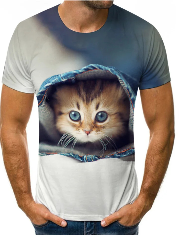 Cat 3D Digital Print Men's Short-sleeved Striped Top