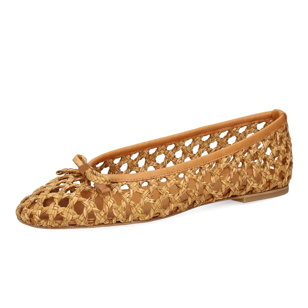 Women's Tan Raffia Round Toe Woven Cut Out Ballet Flats with Bow