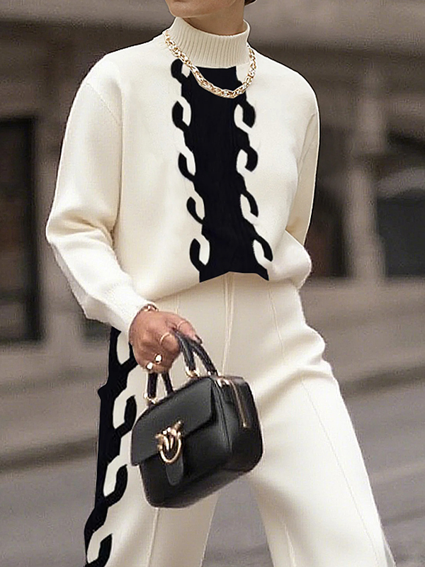 Wrap Contrast Color Sequined Split-Joint High-Neck Sweater Tops&Pants Suits