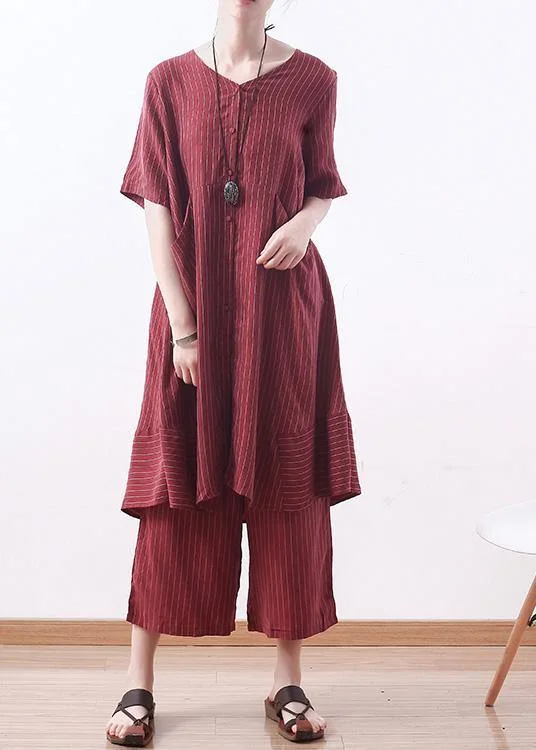 summer new silk plus size two pieces striped tops and women elastic waist wide leg pants