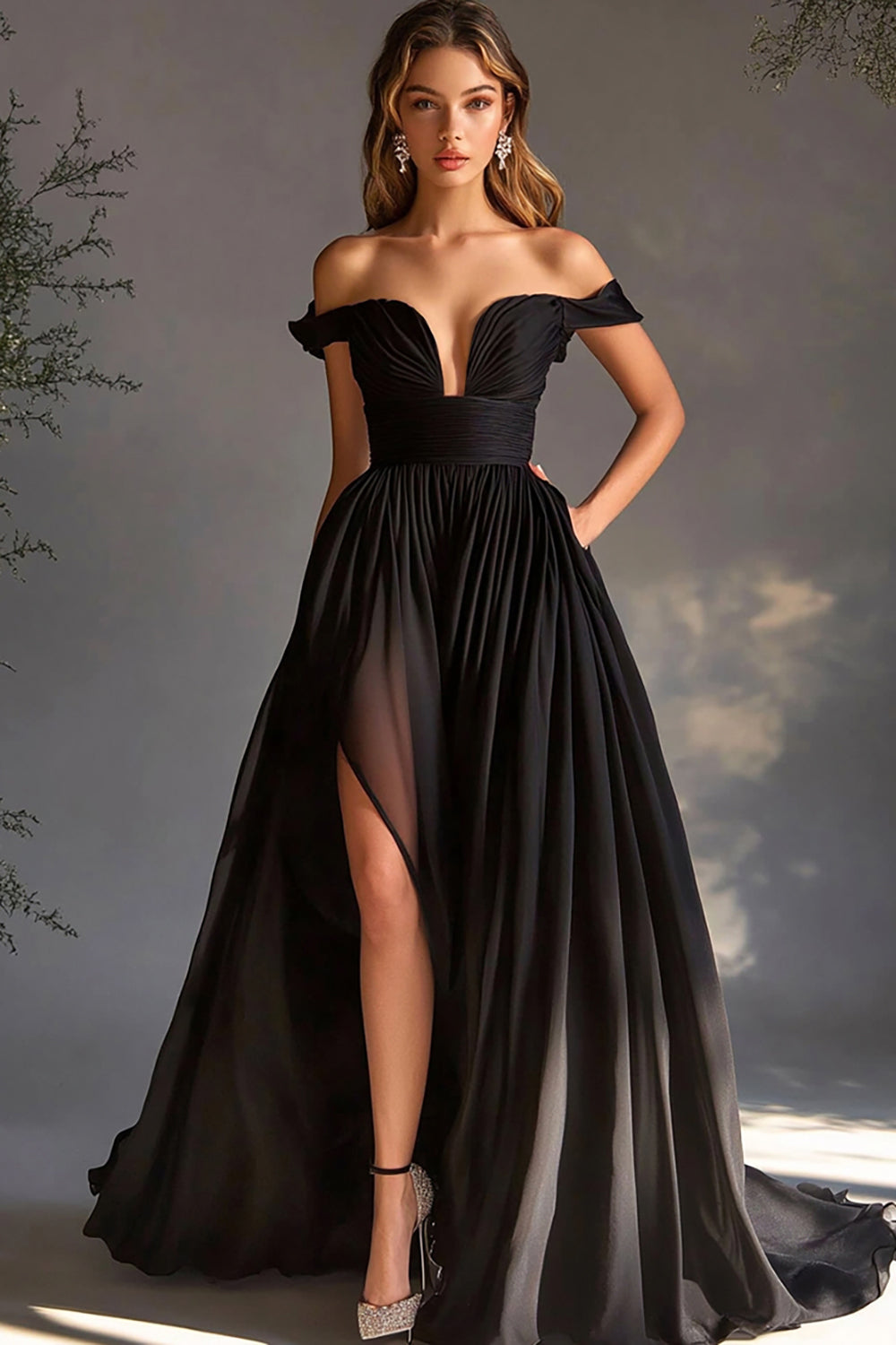 A Line Chiffon Pleated Long Off the Shoulder Black Tie Dress with Slit A Line Chiffon Pleated Long Off the Shoulder Black Tie Dress with Slit