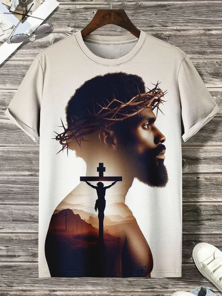 Men's Black Jesus Print Casual T-Shirt