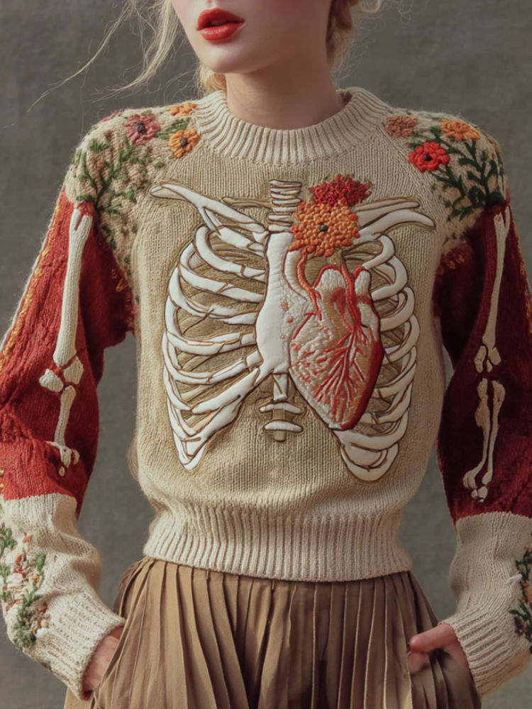 Halloween Antique Human Anatomy Splicing Knitted Sweater image.