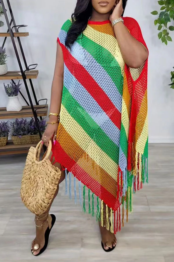 Colorful Diagonal Striped Knitted Tassel Asymmetric Midi Dress