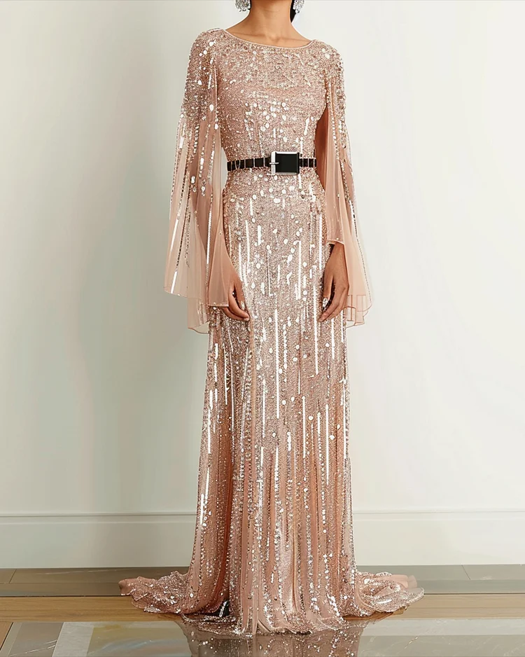 Women's Round Neck Long Sleeve Mesh Sequin Dress