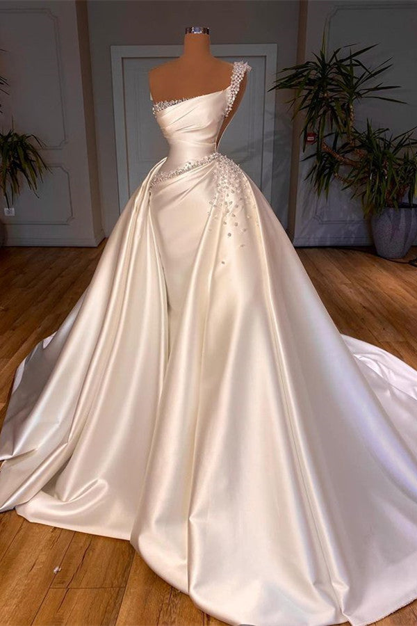 Daisda Gorgeous One Shoulder Wedding Dress Bateau A Line With Pearl