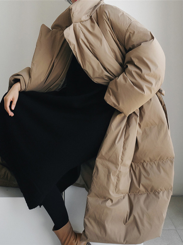 Original Creation Long Sleeves Loose Tied Solid Color High Neck Padded Coat