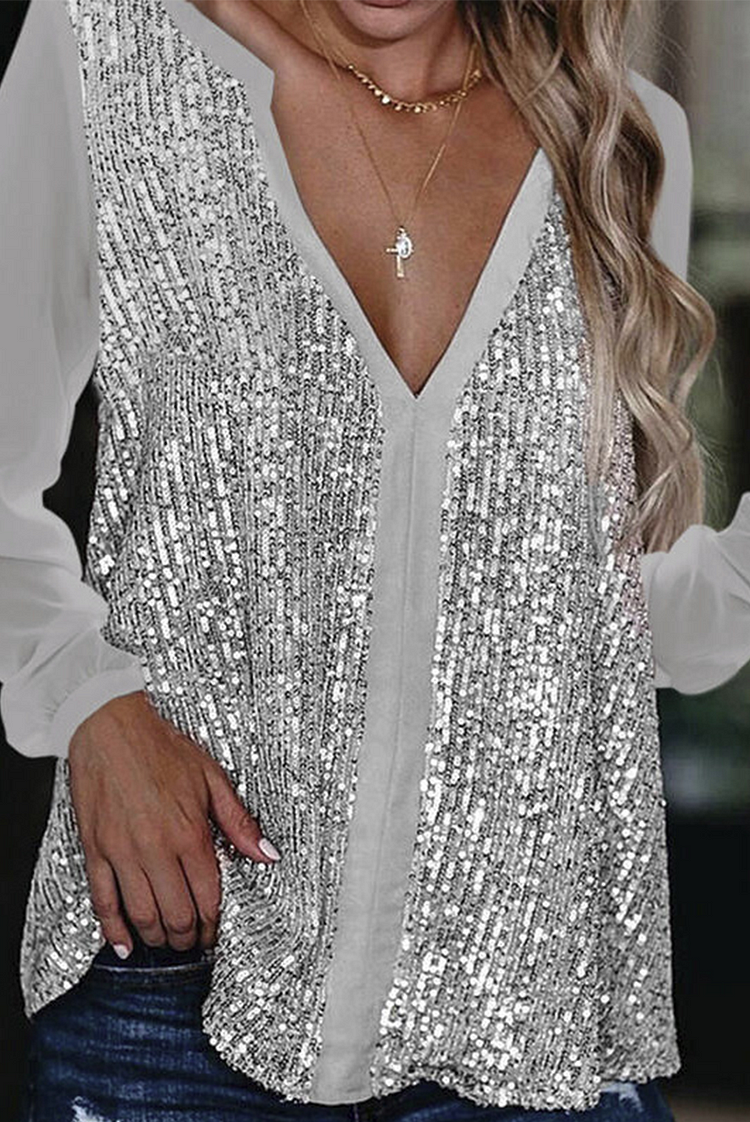 Casual Patchwork Sequins V Neck Tops(3 Colors) - Life is Beautiful for You - SheChoic