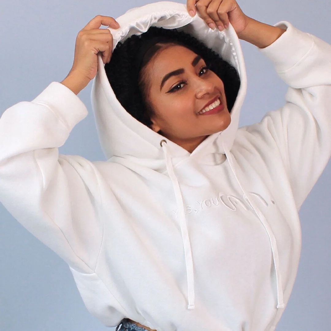 Cozy Crop Satin Lined Hoodie-White