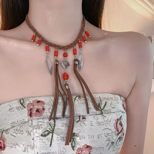 European and American Bohemian Arm Necklace Ethnic Style Women's Clavicle Chain Turquoise Tassel Arm Chain Retro Vacation Style Accessories