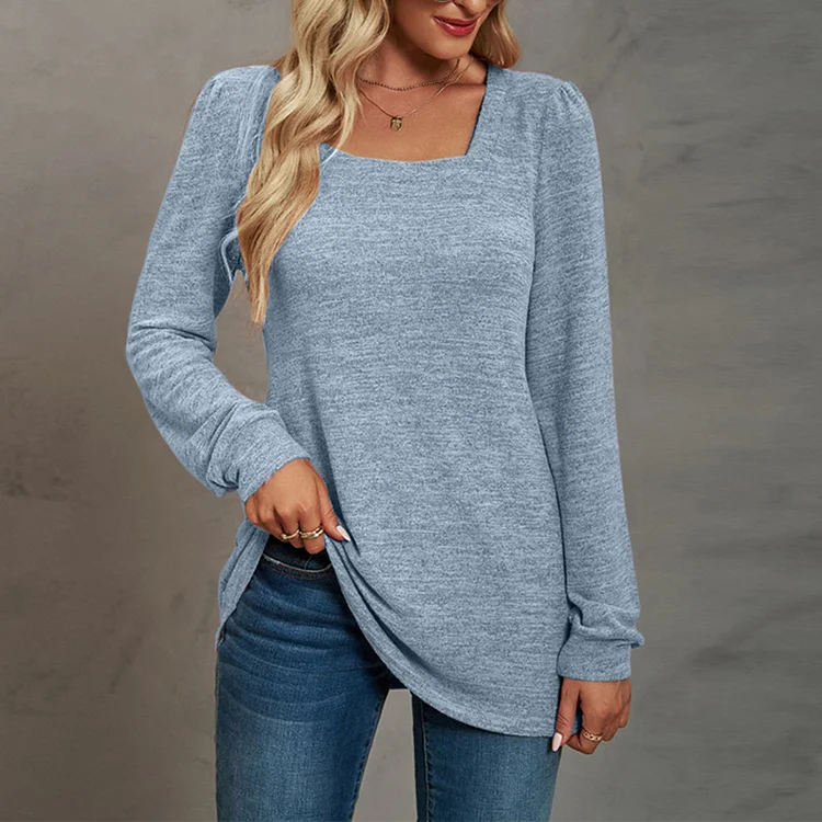 Women's Casual Square Neck Long Sleeve Solid Blouse
