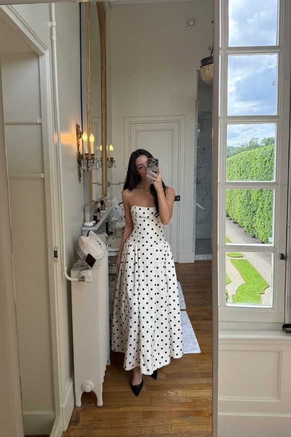 Special Polka Dot Straight Across Sleeveless Pleated A-Line Prom Dress  YK0140