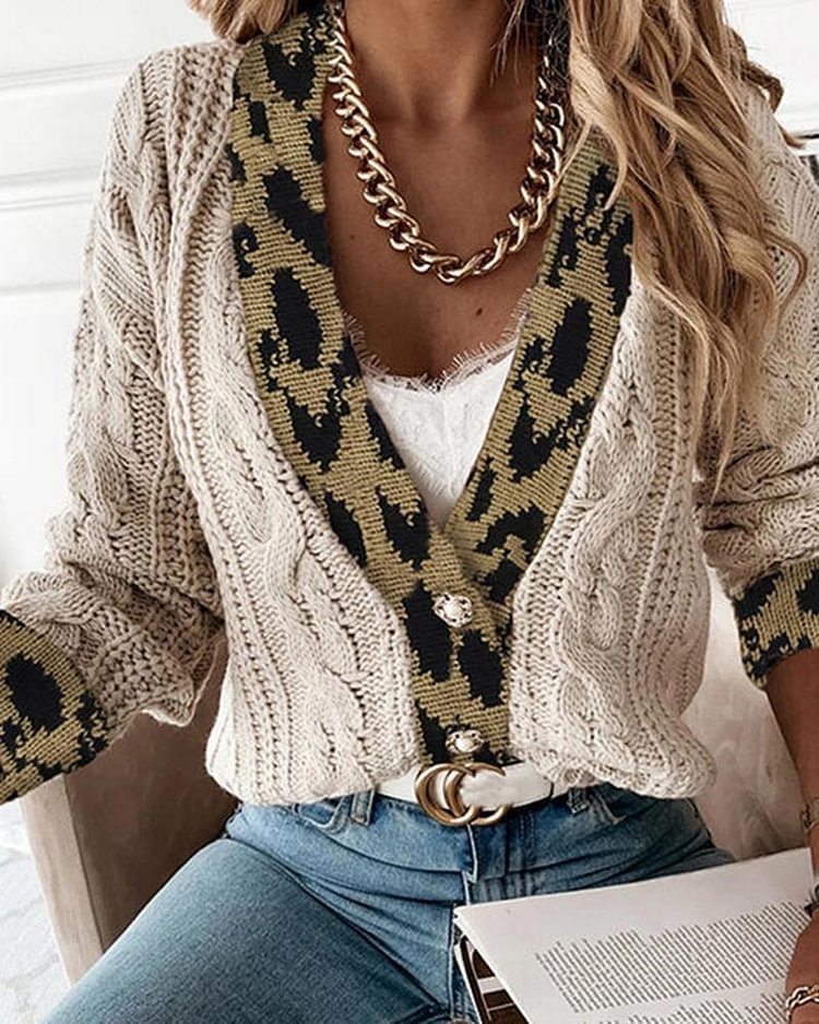 Leopard Print Cable Knit Drop Shoulder Sweater - Shop Trendy Women's Clothing | LoverChic