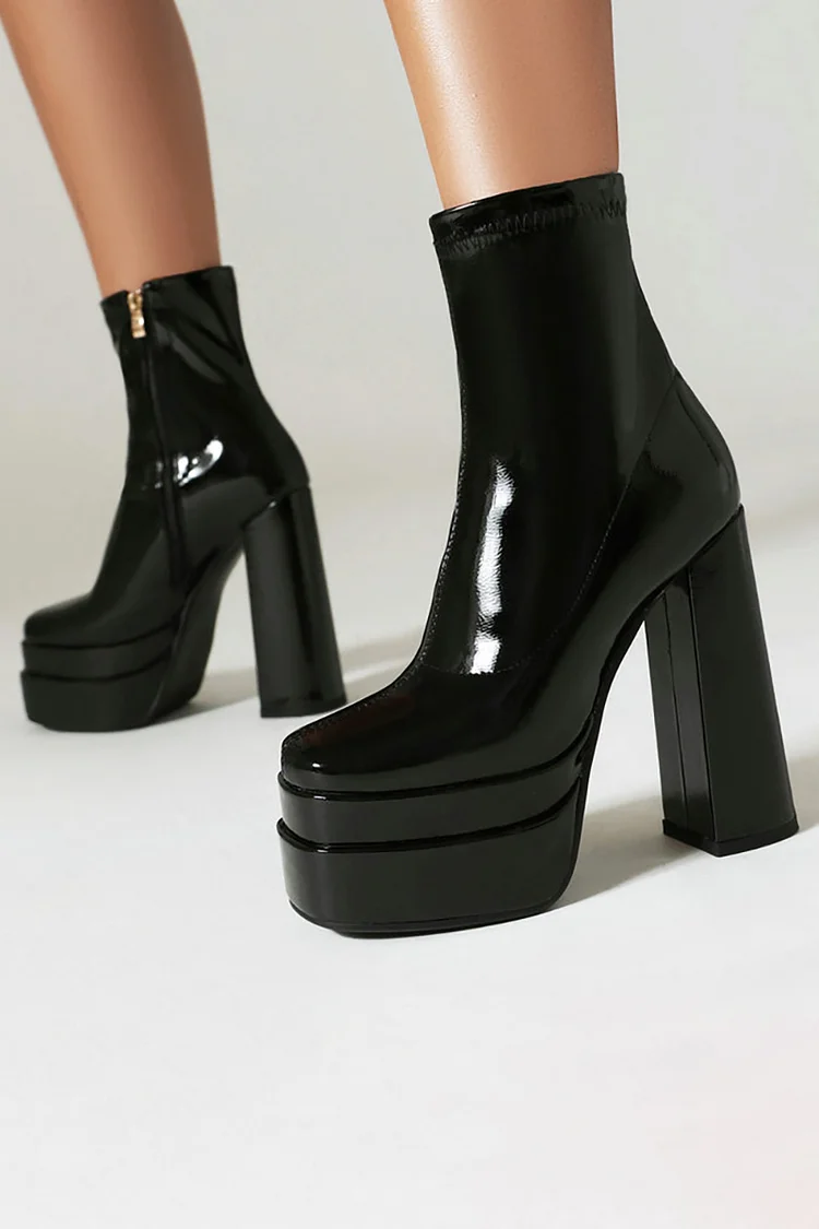 Burnished Platform Zipper Square Toe Chunky Heels Mid Calf Boots
